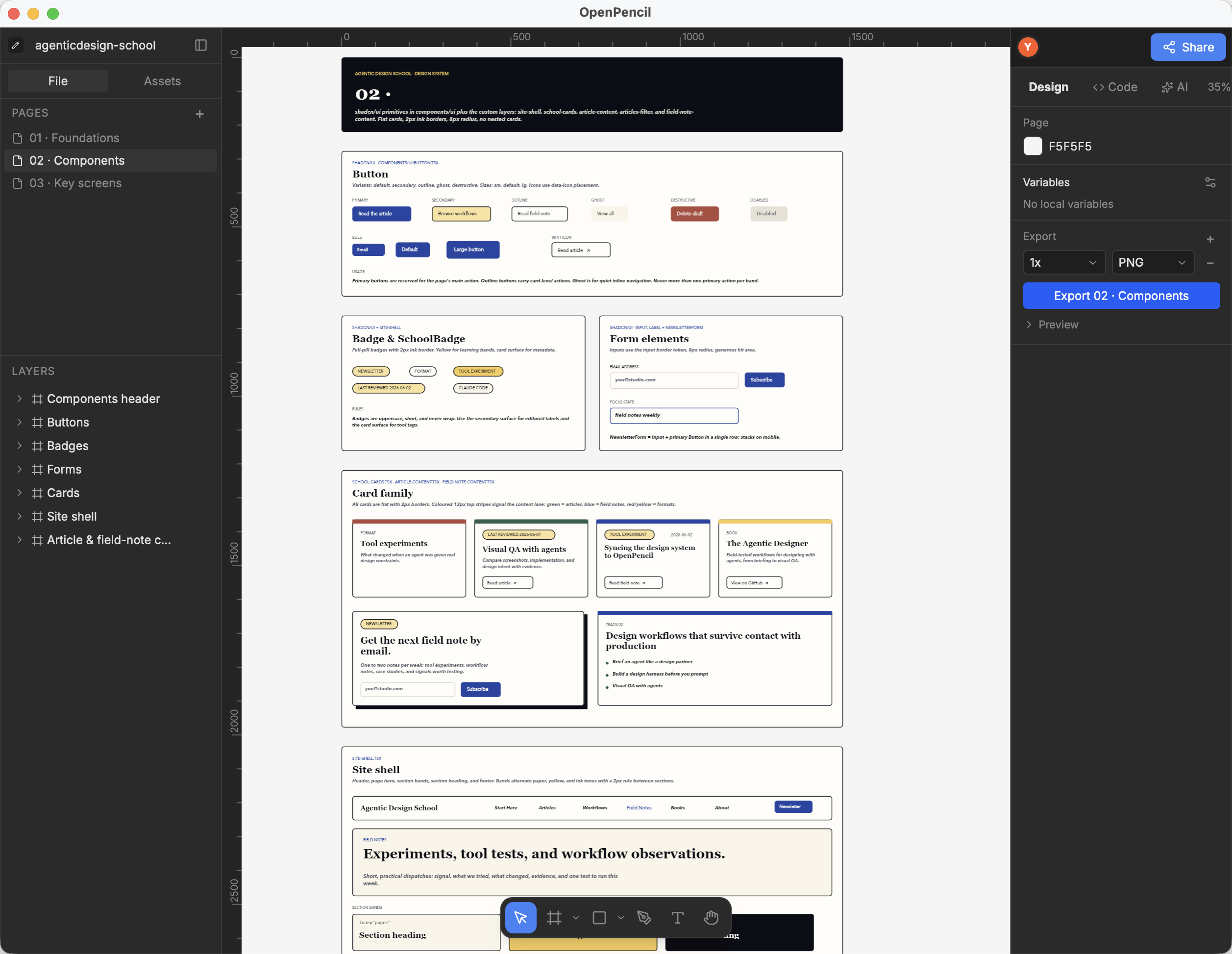 OpenPencil app showing the 02 Components page: button variants, badge and form boards, the card family board, and the site-shell board as labelled frames.