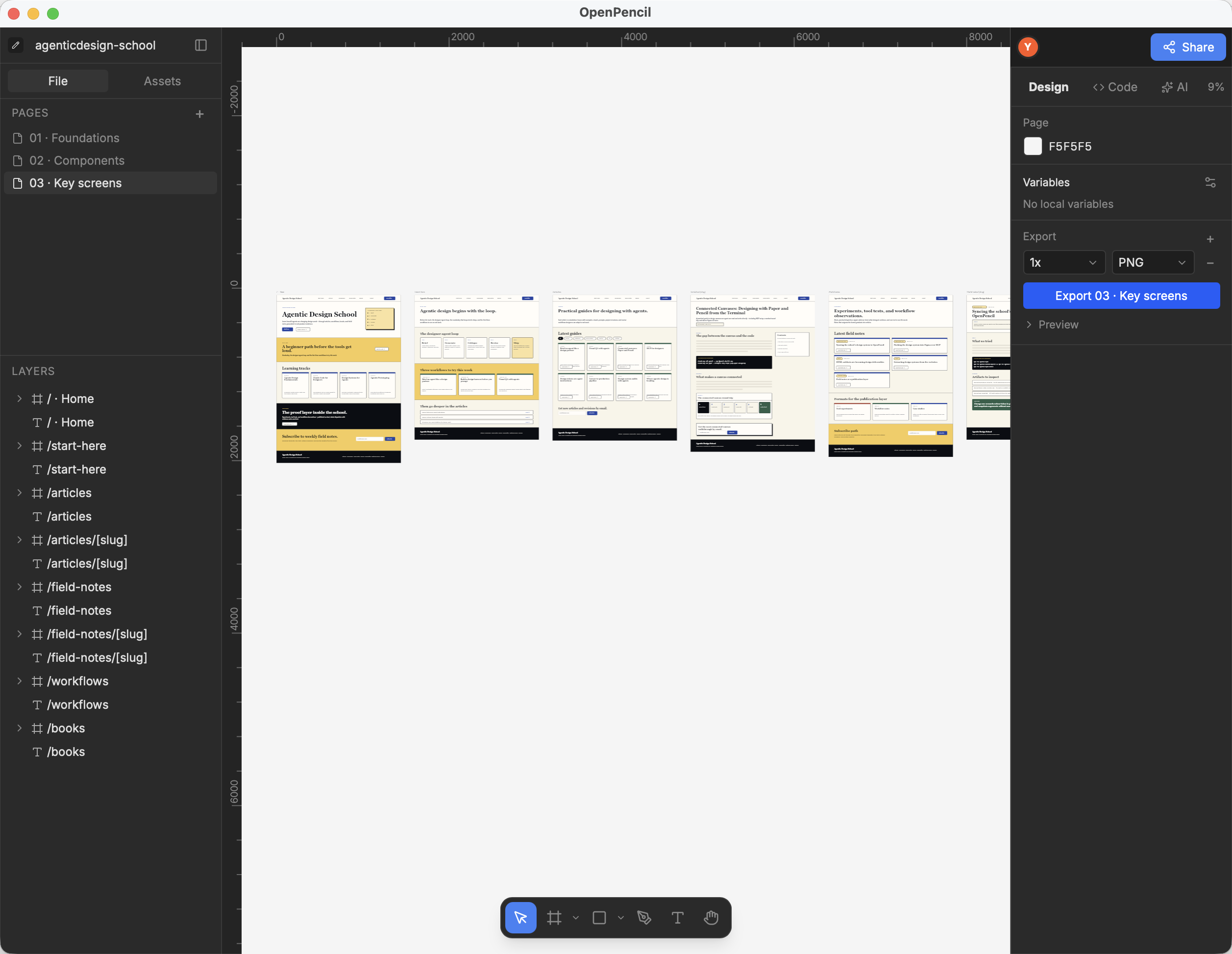 OpenPencil app showing the 01 Foundations page: the colour-token board with seventeen semantic swatches and the typography board with Georgia display specimens, with the pages and layers panels on the left.