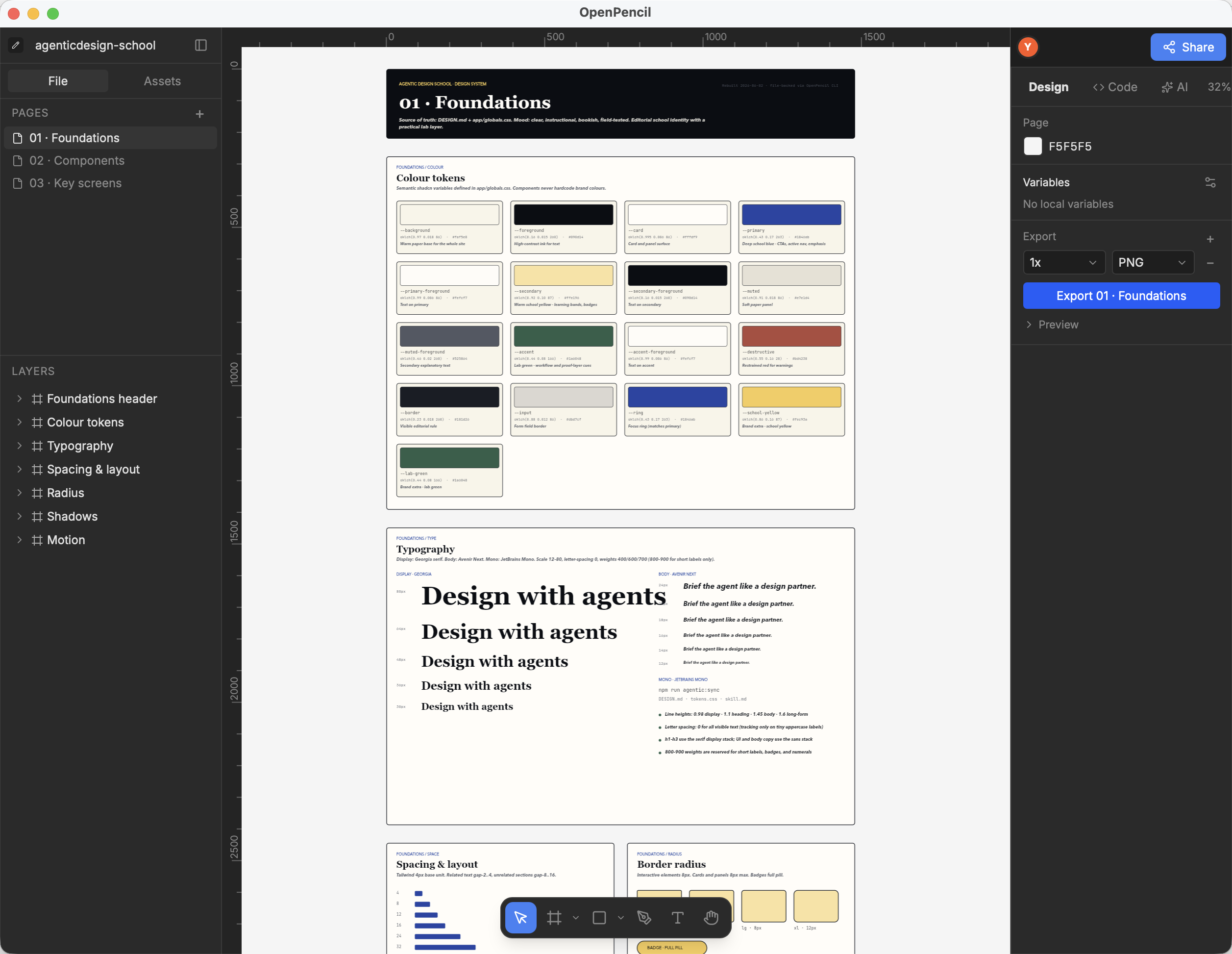 OpenPencil app zoomed out on the 03 Key screens page, showing eight native page frames for the site's core routes side by side.